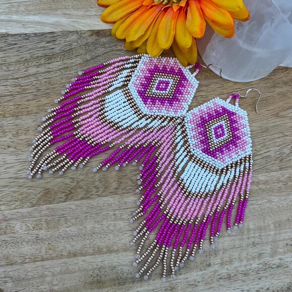 Handmade Beaded Native American Style Long & Large Fringe Dangle Drop Earrings - Picture 5 of 9